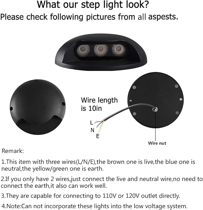 Outdoor Step Lights, High Voltage 120V 110V, 3W LED Deck Light Wire, Warm White - Image 2