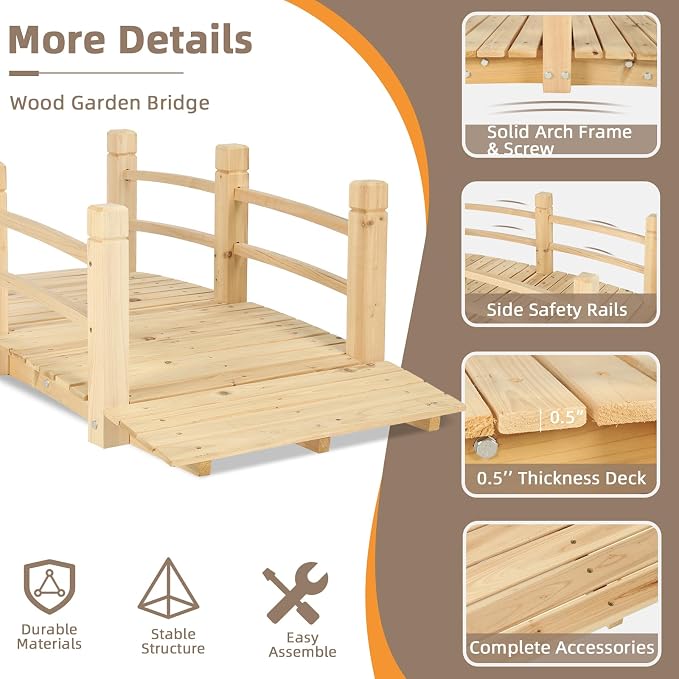 Wood Garden Bridge Classic Wooden Arch Stained Finish Footbridge - Image 4