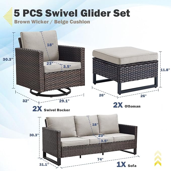 Belord Wicker Patio Furniture 5 Piece Outdoor Sofa Set, Oversize Outdoor Swivel - Image 2