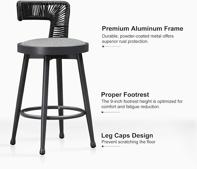 PURPLE LEAF Outdoor Swivel Counter Height Stools Set of 4 Metal Modern Rattan - Image 8