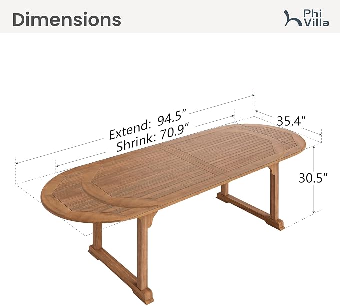 PHI VILLA Outdoor Acacia Wood Expandable Table - Image 7