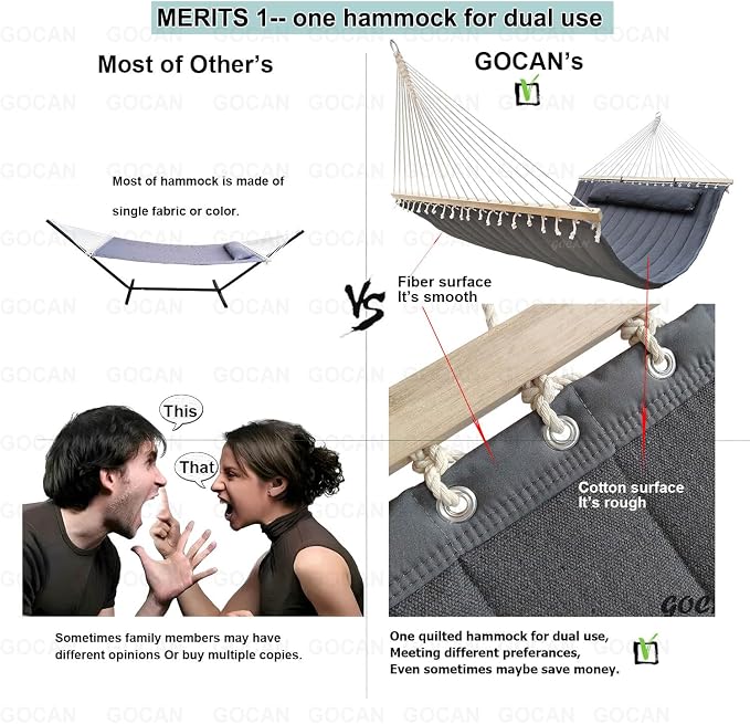 Double Hammock with Quilted Fabric and Spreader Bars, Longer and Sturdier - Image 6