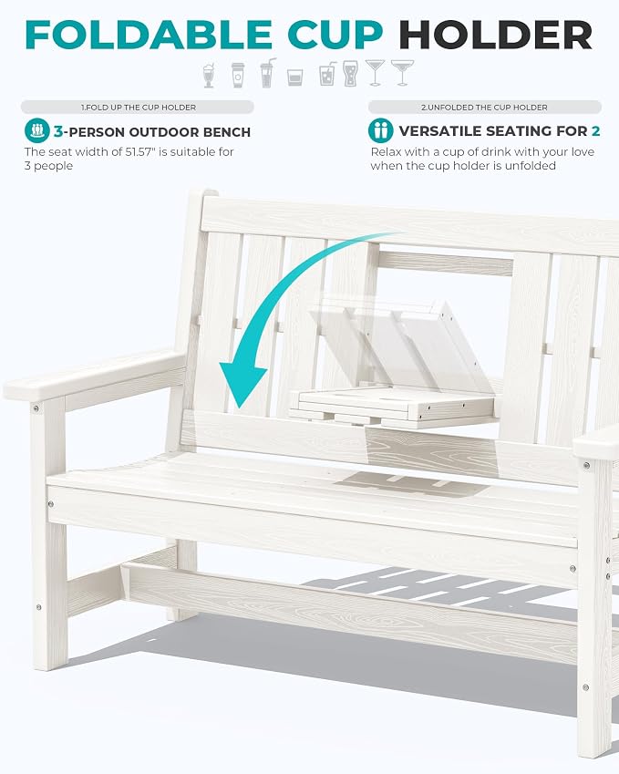 SERWALL Outdoor Bench with Cup Holder, All Weather Patio Benches with High - Image 6