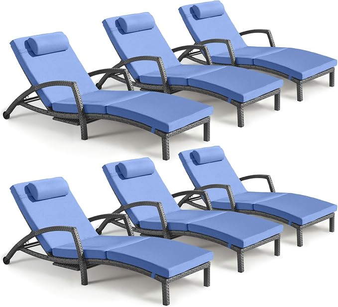 Chaise Lounge Chairs Outdoor Set of 6, Comfy Outside Wicker Patio Pool Lounge by ZZWHOM