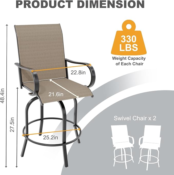 Swivel Bar Stools 2-Piece Set, Outdoor Patio Bar Height Chairs - Image 2