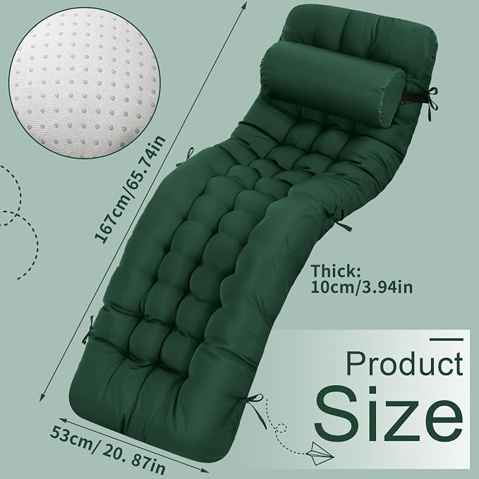 Tudomro 2 Pcs Dark Green 66'' Outdoor Chaise Lounge Cushion Waterproof Patio - Image 2