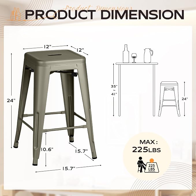 Furmax 24 Inch Metal Bar Stools Set of 4, Counter Height Bar Stools Height High - Image 3