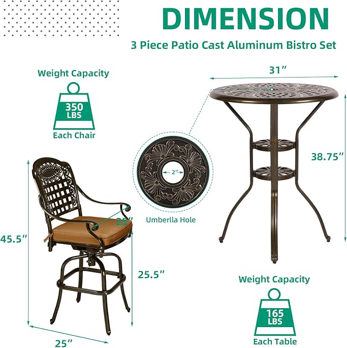 VIVIJASON 3-Piece Outdoor Swivel Bar Stools Set, All Weather Cast Aluminum - Image 6