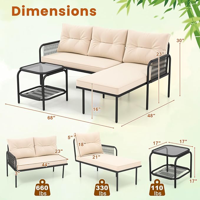 Tangkula 3-Piece L Shaped Patio Furniture Set, PE Rattan Sectional Sofas - Image 8