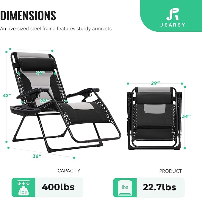 JEAREY Oversized Padded Zero Gravity Chairs Set of 2, Folding Lounge Chair - Image 3