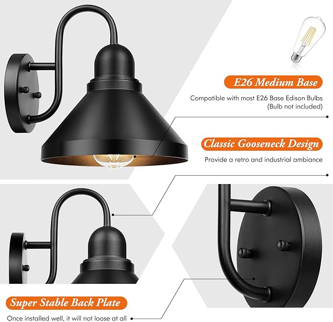 Brightever Gooseneck Outdoor Light Fixtures, Industrial Black Exterior Wall - Image 4