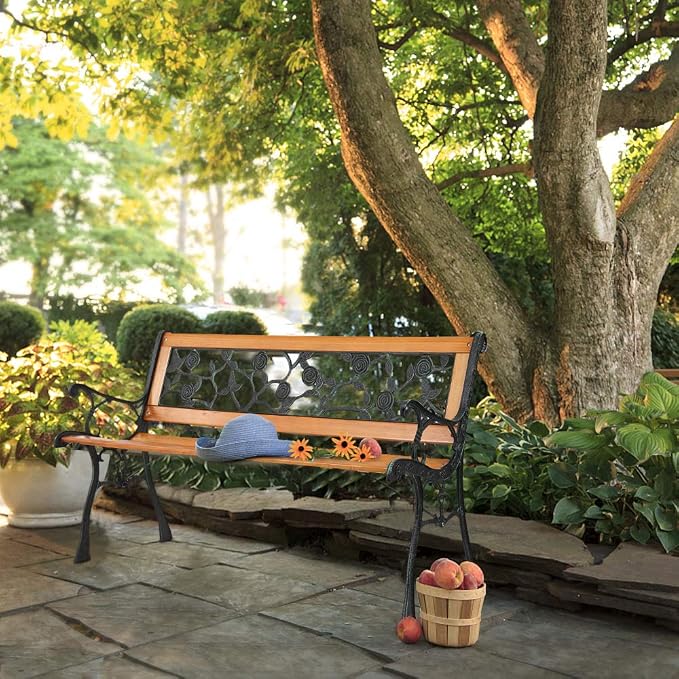 VINGLI Outdoor Bench Metal Garden Bench, Wood Patio Benches w/PVC Backrest Cast - Image 9