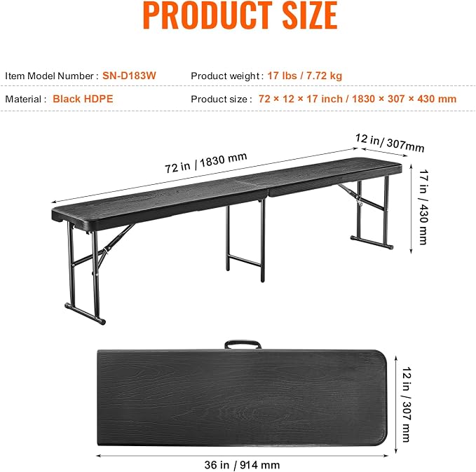 VEVOR Plastic Folding Bench, 6ft Portable Folding Bench, Smooth High Density - Image 3