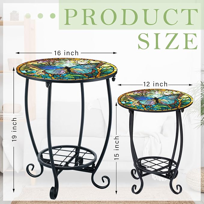 2 Pcs Outdoor Side Table Small Patio Round Mosaic Accent Indoor End Table Plant - Image 3