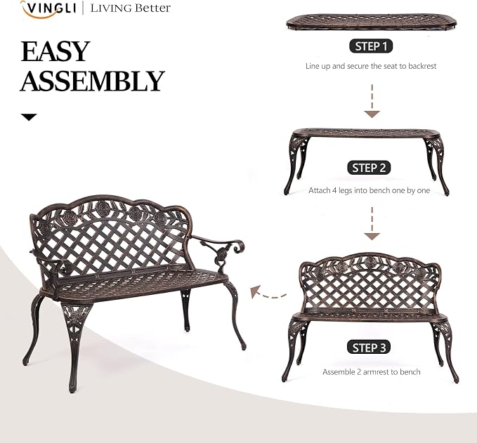 VINGLI 42.5" Patio Garden Bench Outdoor Metal Rose Loveseat, Cast Iron Cast - Image 6