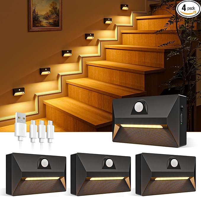 VOLISUN Motion Sensor Stair Light Rechargeable 4 Pack, Night Lights 3 Modes & 3 by VOLISUN