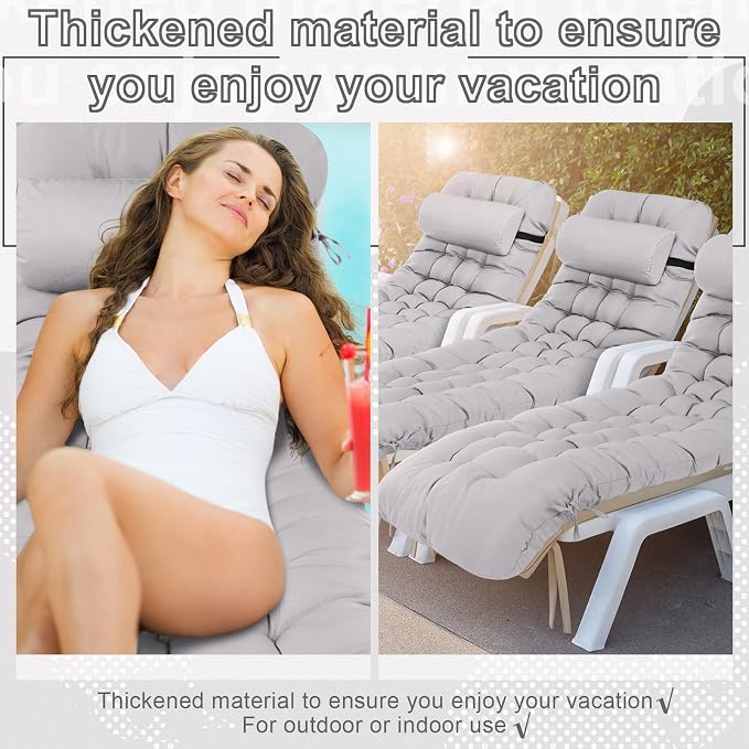 Tudomro 2 Pcs Light Gray 66'' Outdoor Chaise Lounge Cushion Waterproof Patio - Image 7