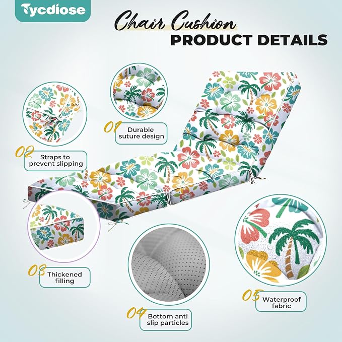 Outdoor Chaise Lounge Chair Cushion, Waterproof Non-Slip Patio Chaise Lounge - Image 5