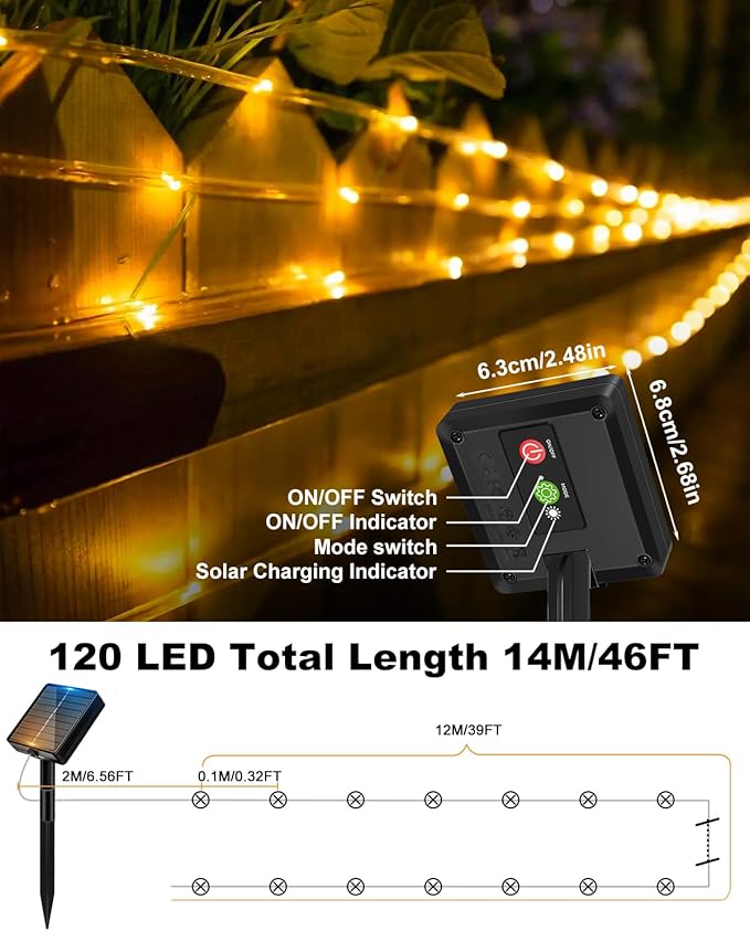 btfarm Solar Rope Lights Outdoor, 120LED 46FT Solar String Lights Outside - Image 4