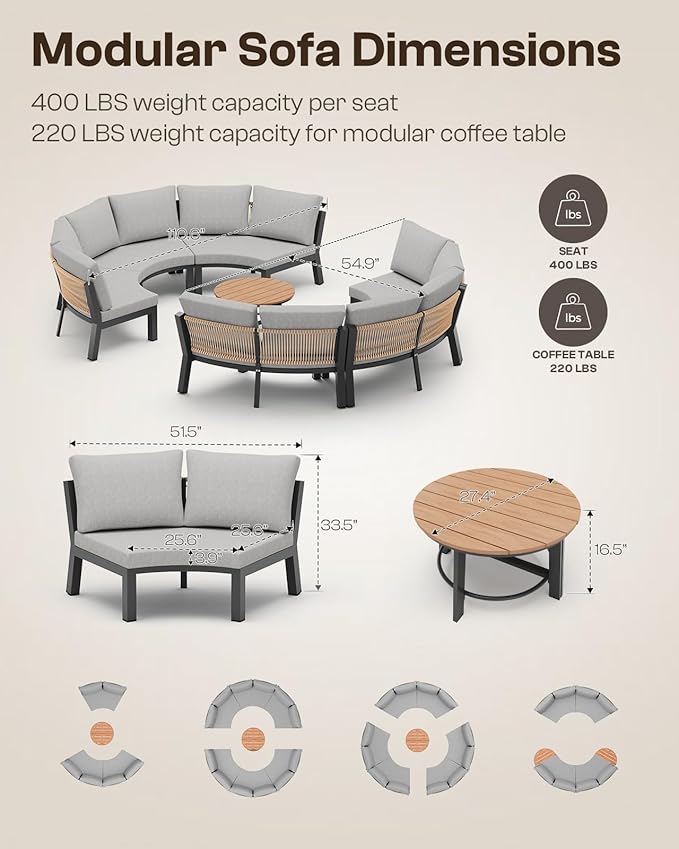 Outdoor Patio Furniture Set, 7 Piece Aluminum Curved Outdoor Sectional Sofas - Image 2
