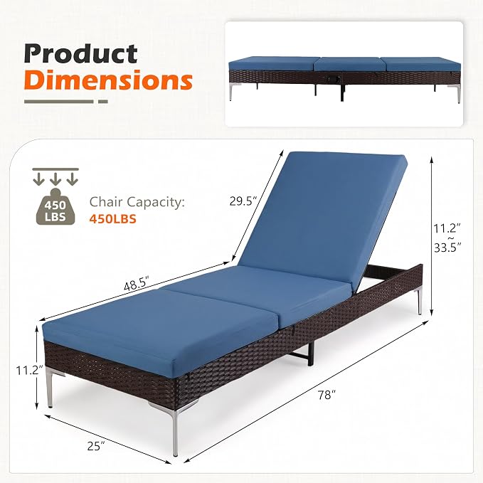 HOMREST Outdoor Chaise Lounge Chair Set of 2, Rattan Pool Sunbathing Recliner - Image 2