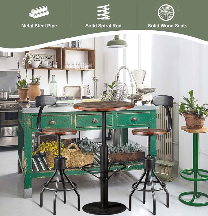 LOKKHAN Set of 2 Rustic Industrial Bar Stool-24-30 Tall Adjustable Metal Swivel - Image 3