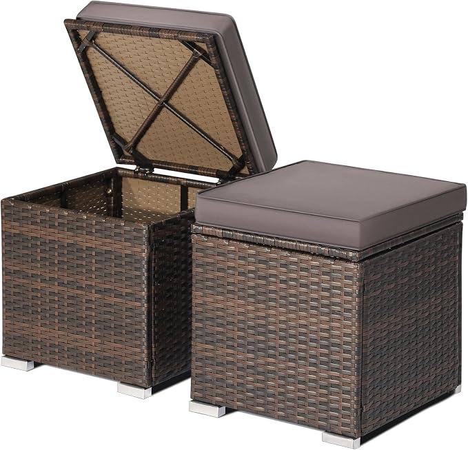DORTALA Outdoor Storage Ottoman Wicker 2 Piece, Patio Ottomans PE Rattan Foot by DORTALA