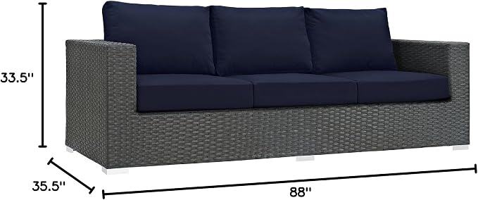 Modway Sojourn Wicker Rattan Outdoor Patio Sunbrella Fabric Sofa in Canvas Navy - Image 3