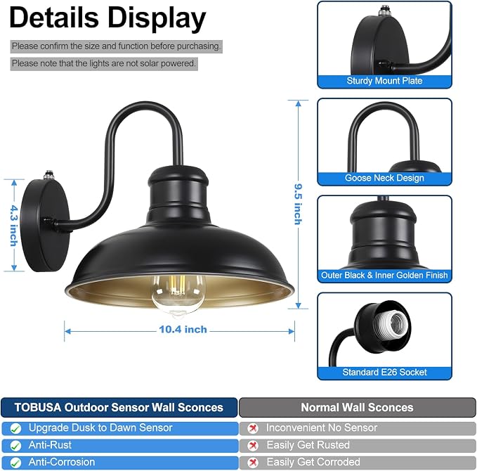 TOBUSA 2-Pack Dusk to Dawn Outdoor Wall Lights, 10’’ Waterproof Farmhouse - Image 5