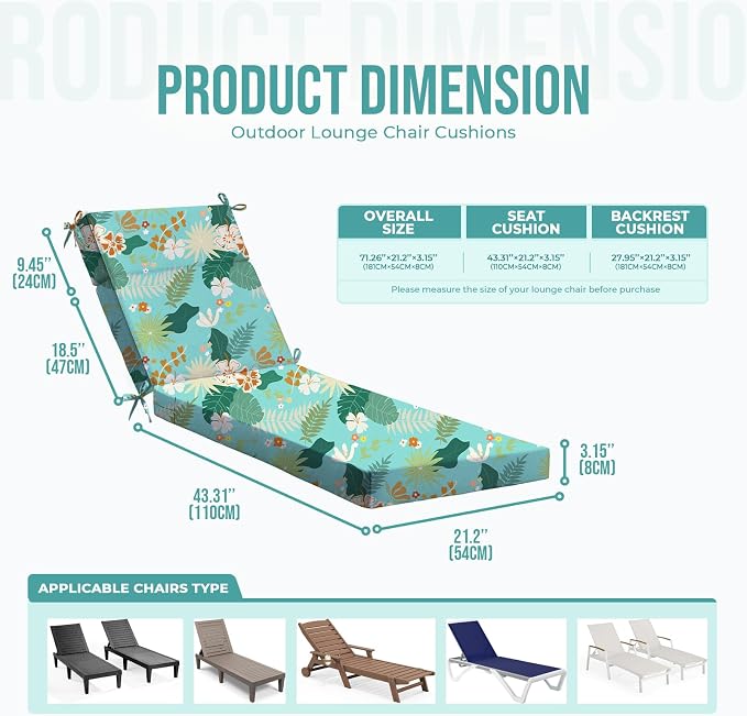 Waterproof Chaise Lounge Cushions, Turquoise Leaves - Image 2