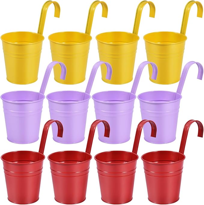 OBTANIM 12 Pack Metal Hanging Flower Pots Railing Planter Outdoor Fence Hanging by OBTANIM
