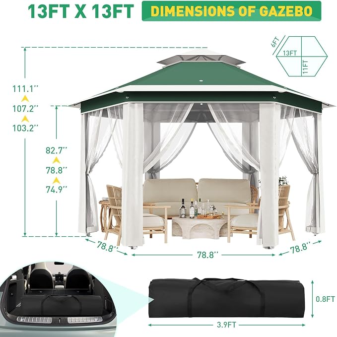 13' x 13' Pop-Up Gazebo, Hexagonal Canopy Shelter - Image 7