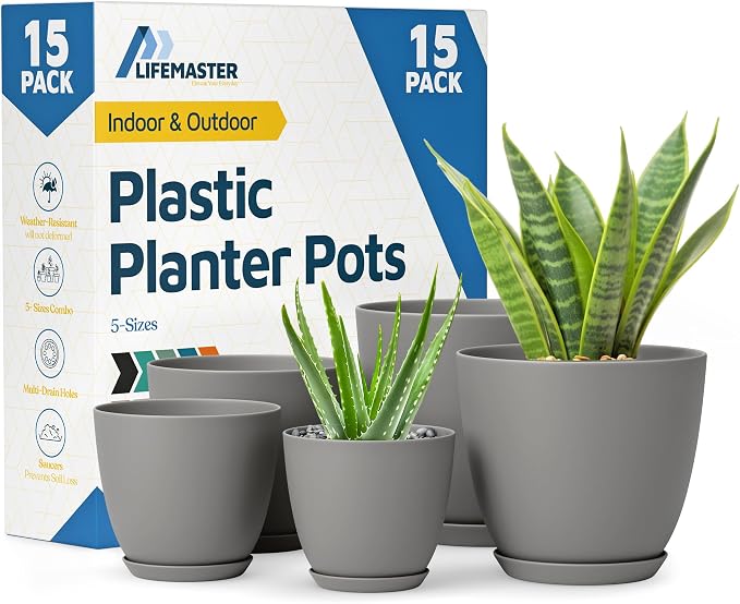 Gray Plant Pots with Drainage Holes & Saucers 15 Pack, Indoor & Outdoor by LIFEMASTER