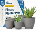 Gray Plant Pots with Drainage Holes & Saucers 15 Pack, Indoor & Outdoor by LIFEMASTER