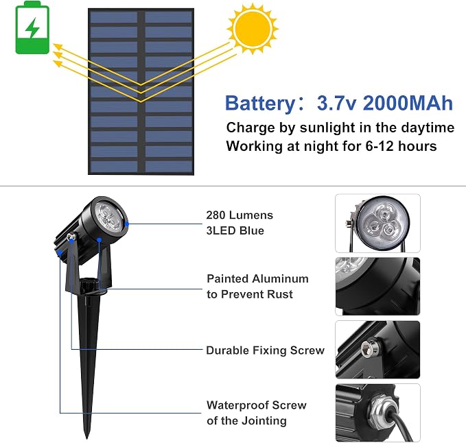Blue Solar Spot Lights Outdoor, 2 Pack Solar Landscape Spotlights IP65 - Image 3