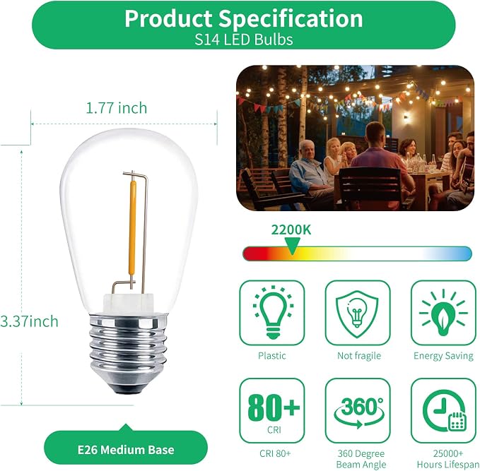 Meconard 30 Pack S14 Edison String Light Bulbs, 1 Watt Replacement Bulbs - Image 3