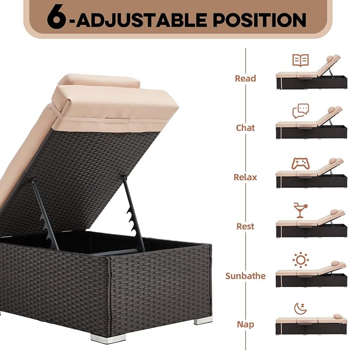 Outdoor Chaise Lounge with Adjustable Backrest Set of 2, 6-Position Reclining - Image 3