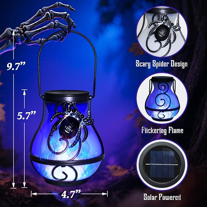 2 Pack Halloween Lights Outdoor Spider Hanging Solar Lantern Flickering Flame - Image 5