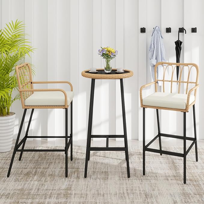 Vikiullf 3 Pieces Patio Bar Table Set, Outdoor Wicker Bar, All Weather Height by VikiullfFurniture