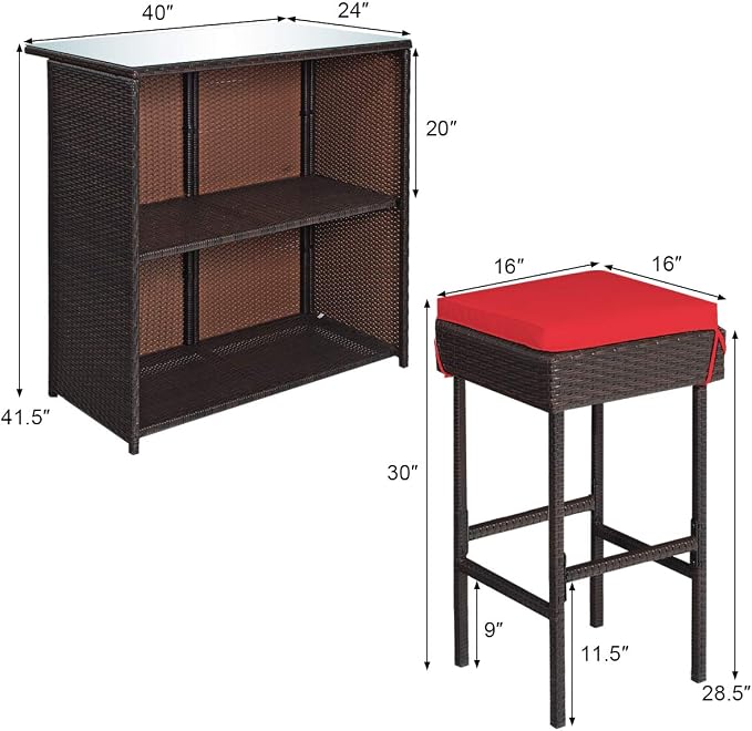 Tangkula Patio Bar Set, 3 Piece Outdoor Rattan Wicker Bar Set - Image 5