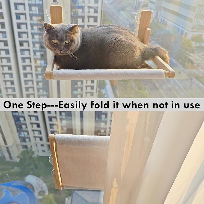 Foldable Cat Window Perch, Natural Wood, 16.5''×12'' Hammock, 35 lbs Weight - Image 3