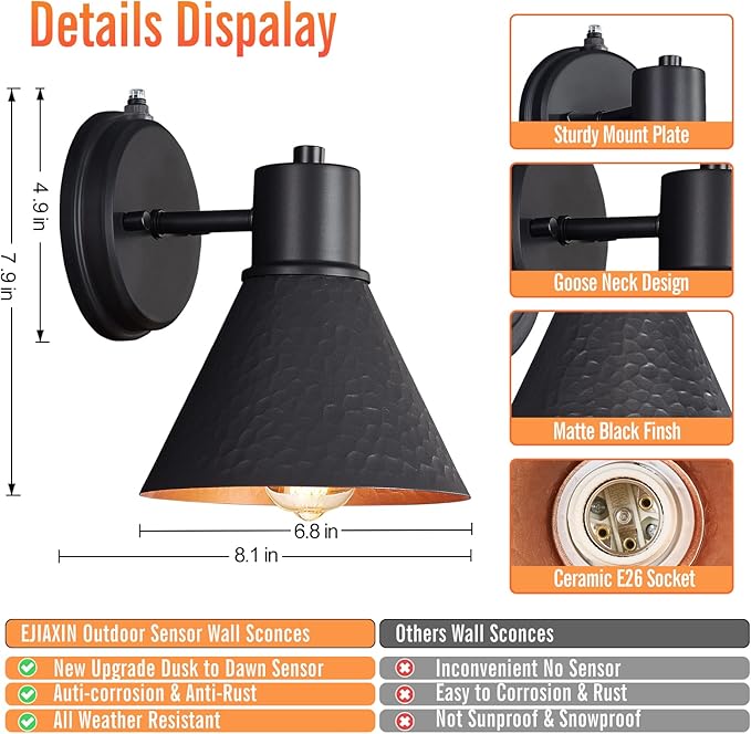 2 Pack Dusk to Dawn Outdoor Wall Sconces, Exterior Farmhouse Barn Light - Image 5