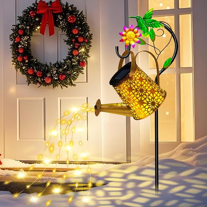 Solar Metal Watering Can with Hummingbird Shepherd Hook and Cascading Lights by OSTRITEC