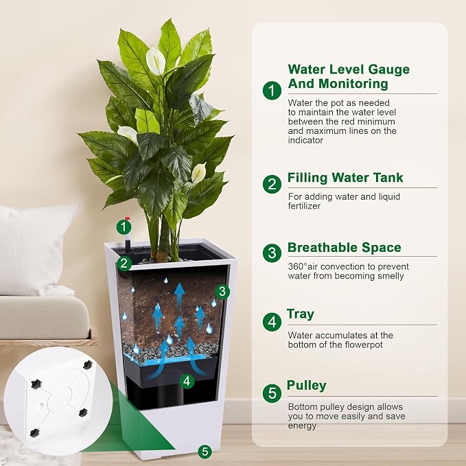 30 Inch Tall Self Watering Planters Set of 2, Outdoor Plant Pots - Image 7