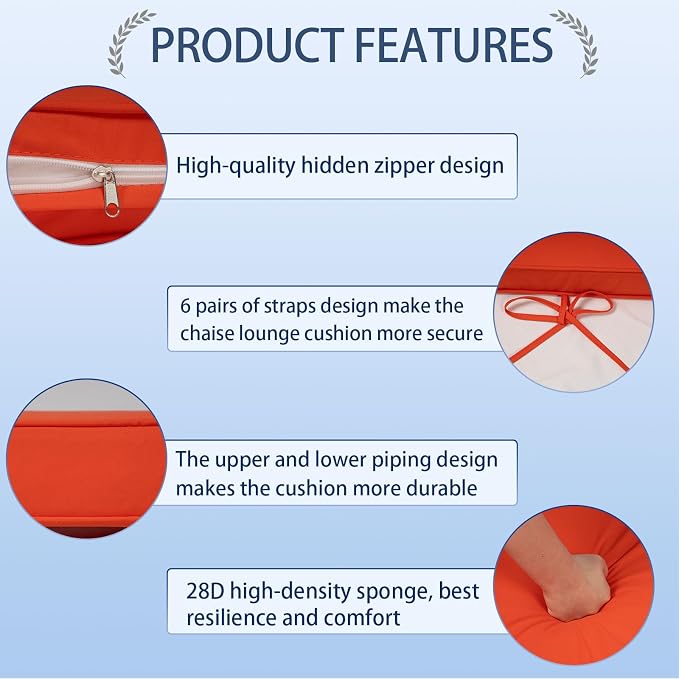 Outdoor Chaise Lounge Cushions Set of 2, Waterproof Fade Resistant Patio - Image 3