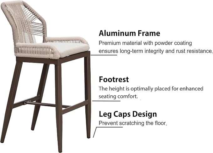 PURPLE LEAF Patio Bar Stool Bar Height Set of 2 Outdoor Rattan Chairs - Image 7