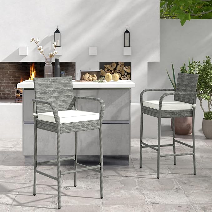 COSTWAY Wicker Bar Stools Set of 2, Patio Bar Height Chairs - Image 2