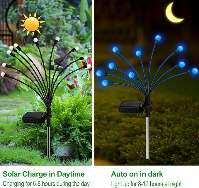 Kohlrabi Solar Garden Lights Outdoor, 6 Pack 60 LED Blue Firefly Lights - Image 3