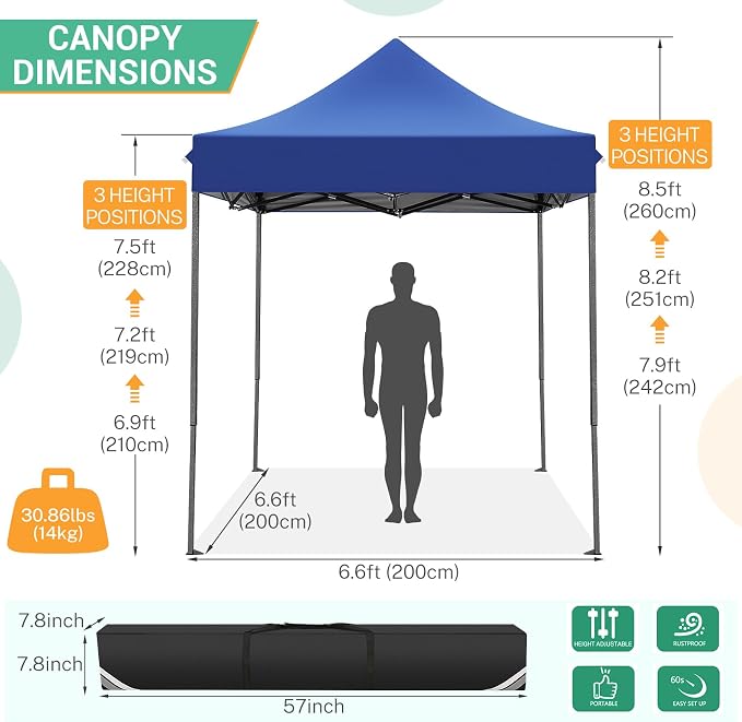 COBIZI 6.6x6.6 Pop up Canopy Tent Heavy Duty Without Sidewalls, Easy Set-up - Image 5