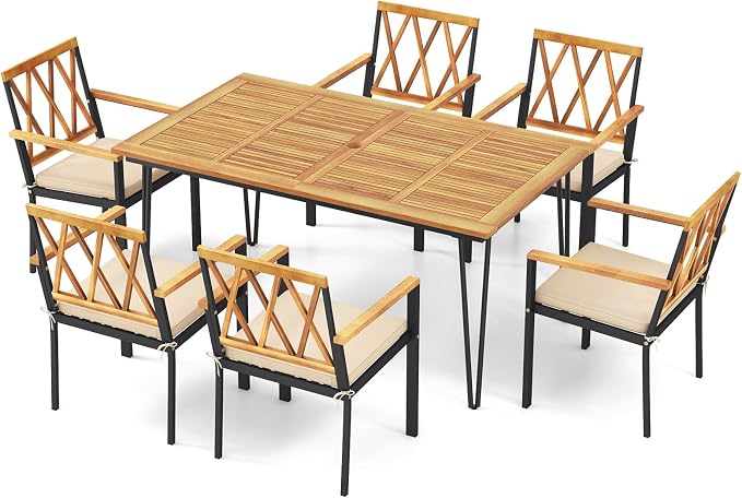 Tangkula 7-Piece Patio Dining Set, Acacia Wood Outdoor Furniture Set - Image 7